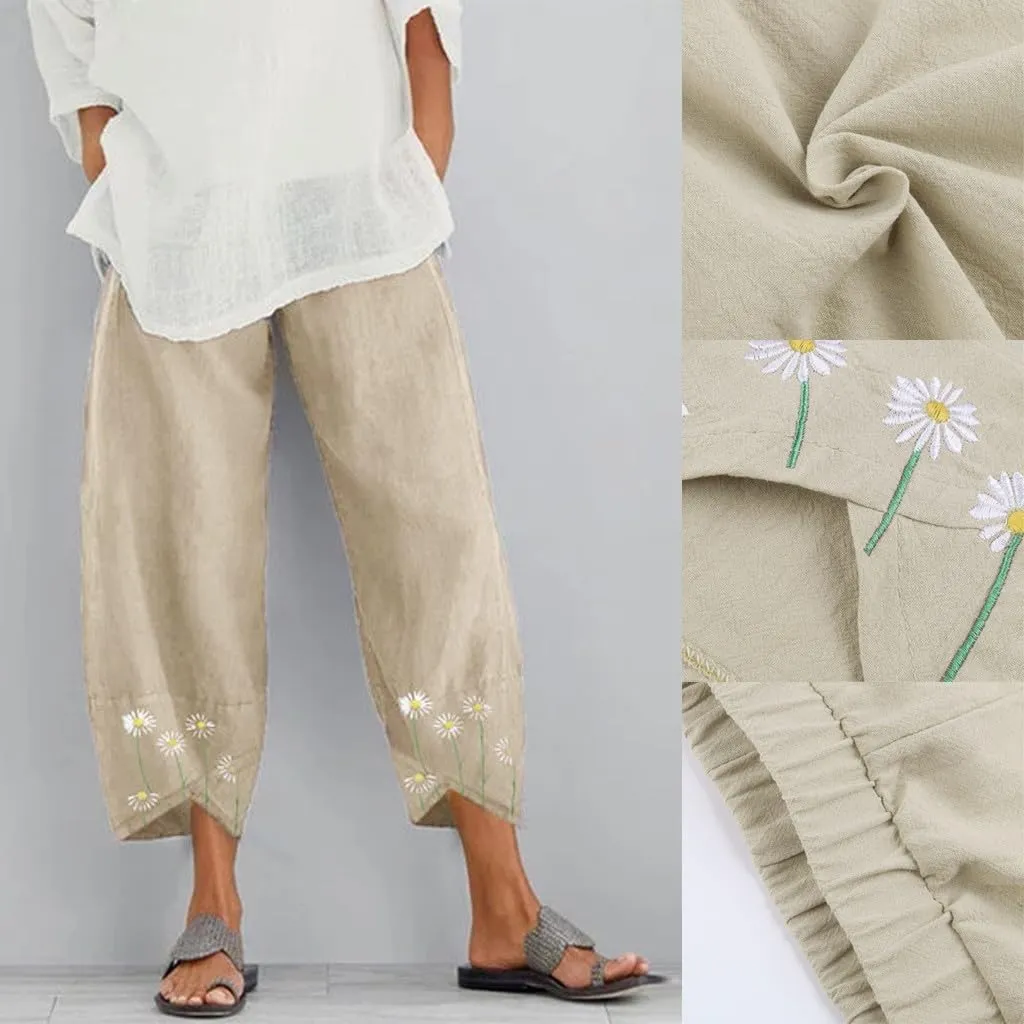 Womens Capri Linen Pants Casual Cropped Baggy Trousers Elastic Waisted Yoga Comfy Loose Palazzo Lounge Pants
