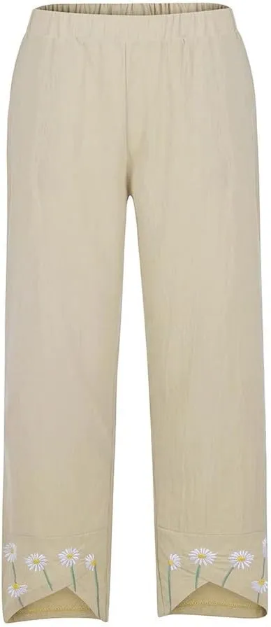 Womens Capri Linen Pants Casual Cropped Baggy Trousers Elastic Waisted Yoga Comfy Loose Palazzo Lounge Pants