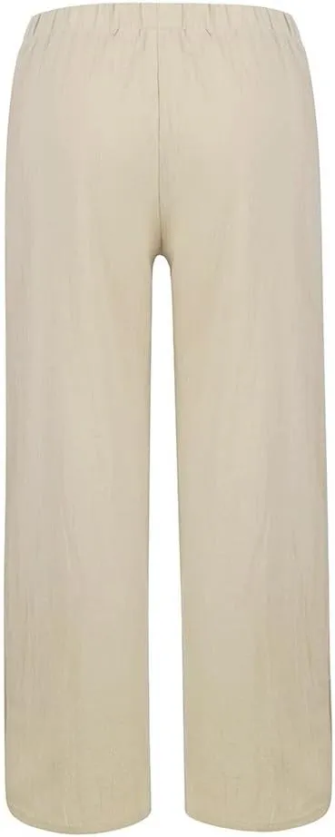 Womens Capri Linen Pants Casual Cropped Baggy Trousers Elastic Waisted Yoga Comfy Loose Palazzo Lounge Pants
