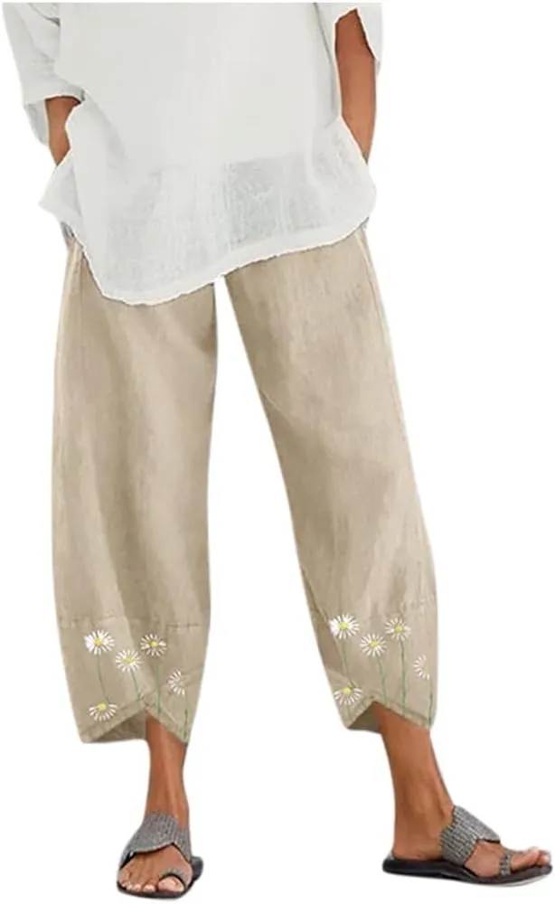Womens Capri Linen Pants Casual Cropped Baggy Trousers Elastic Waisted Yoga Comfy Loose Palazzo Lounge Pants