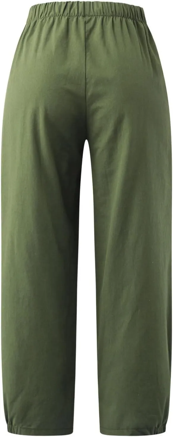 Womens Capri Linen Pants Casual Cropped Baggy Trousers Elastic Waisted Yoga Comfy Loose Palazzo Lounge Pants