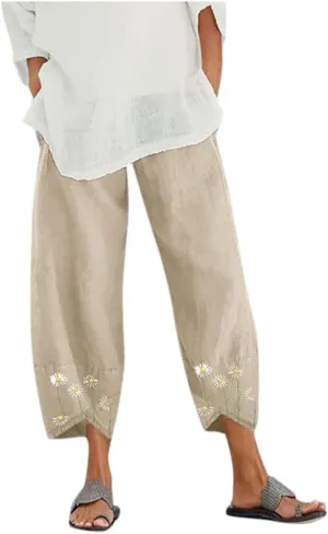 Womens Capri Linen Pants Casual Cropped Baggy Trousers Elastic Waisted Yoga Comfy Loose Palazzo Lounge Pants