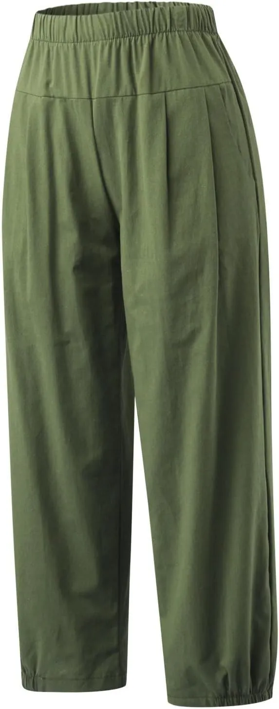 Womens Capri Linen Pants Casual Cropped Baggy Trousers Elastic Waisted Yoga Comfy Loose Palazzo Lounge Pants