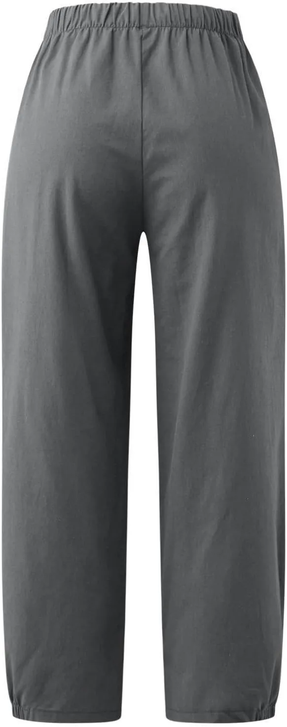 Womens Capri Linen Pants Casual Cropped Baggy Trousers Elastic Waisted Yoga Comfy Loose Palazzo Lounge Pants