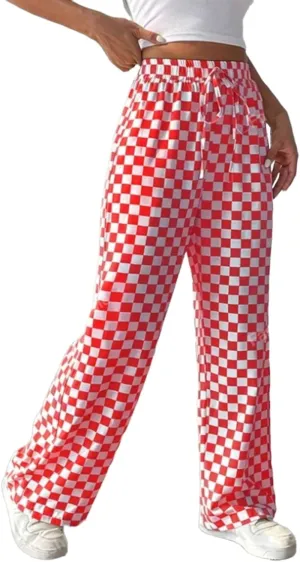 Women's Casual Checkered Pants Drawstring Elastic Waist Comfy Loose Straight Wide Leg Plaid Pants with Pockets