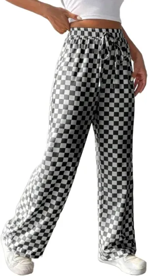 Women's Casual Checkered Pants Drawstring Elastic Waist Comfy Loose Straight Wide Leg Plaid Pants with Pockets