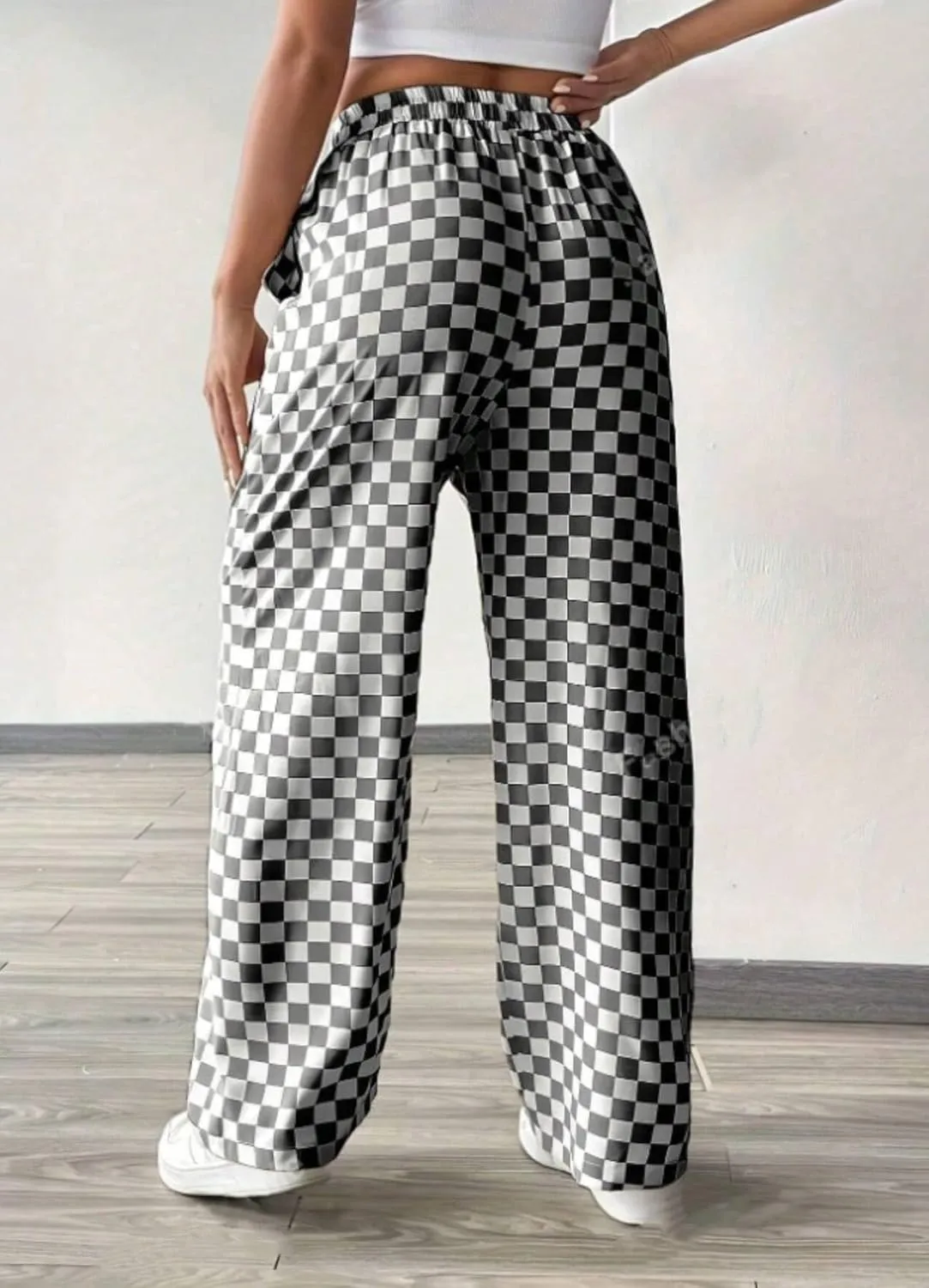 Women's Casual Checkered Pants Drawstring Elastic Waist Comfy Loose Straight Wide Leg Plaid Pants with Pockets
