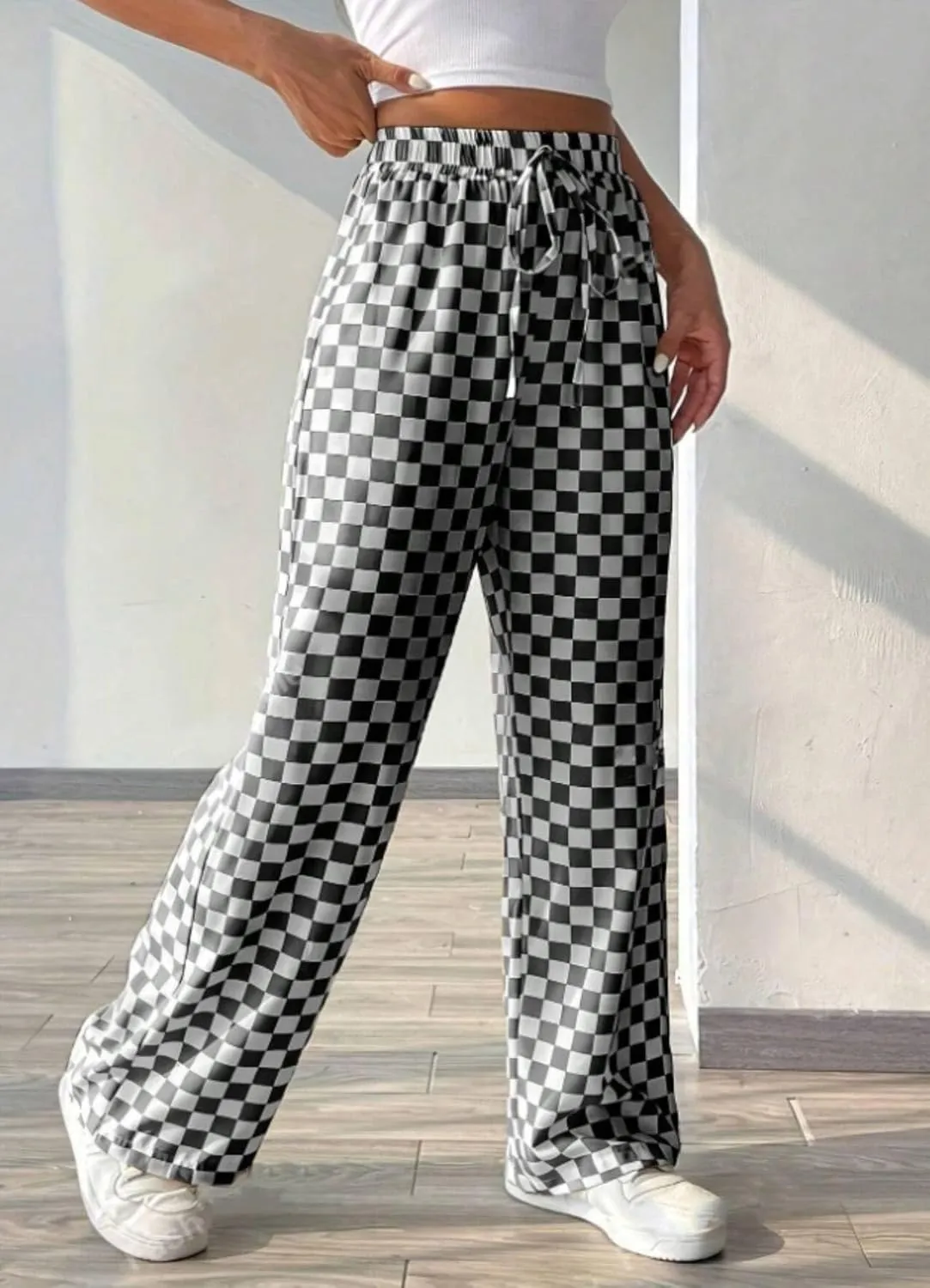 Women's Casual Checkered Pants Drawstring Elastic Waist Comfy Loose Straight Wide Leg Plaid Pants with Pockets