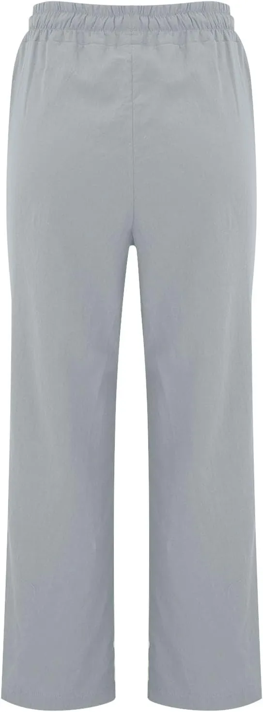 Womens Casual Cotton Linen Pants Lightweight Summer Relax Fit Drawstring Waist Plus Size Solid Lounge Long Trousers