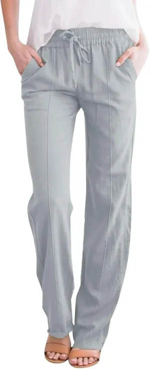 Womens Casual Cotton Linen Pants Lightweight Summer Relax Fit Drawstring Waist Plus Size Solid Lounge Long Trousers