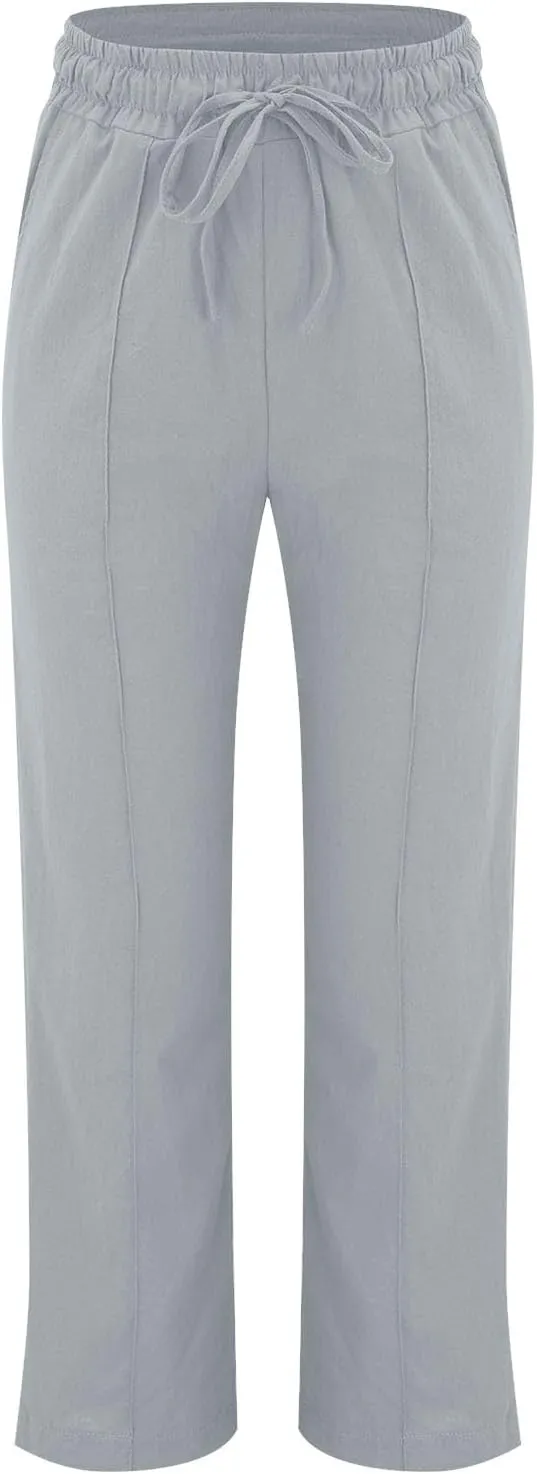 Womens Casual Cotton Linen Pants Lightweight Summer Relax Fit Drawstring Waist Plus Size Solid Lounge Long Trousers