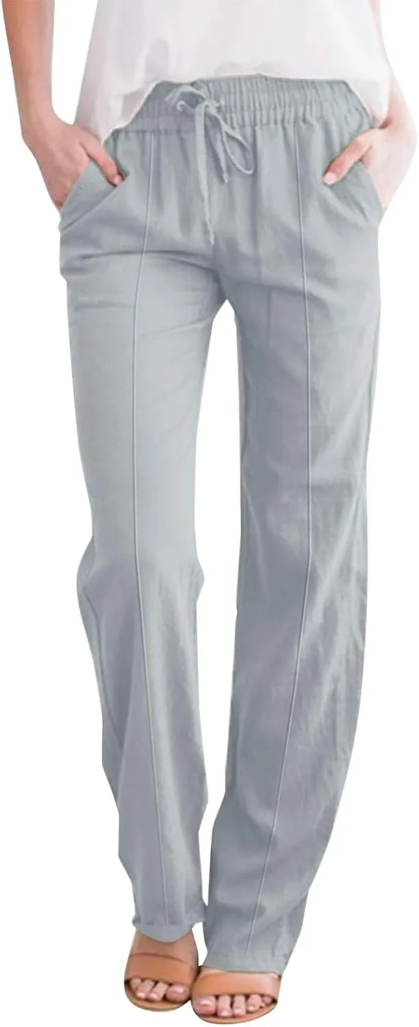 Womens Casual Cotton Linen Pants Lightweight Summer Relax Fit Drawstring Waist Plus Size Solid Lounge Long Trousers