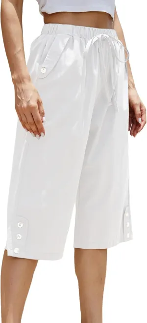 Women's Casual Cotton Pants Elastic Drawstring Capri Trousers Lightweight High Waisted Wide Leg Baggy Slacks