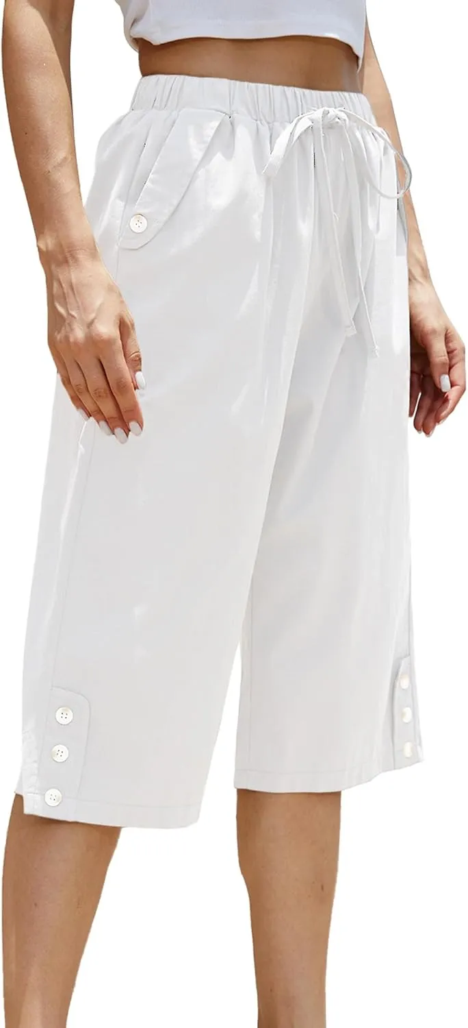 Women's Casual Cotton Pants Elastic Drawstring Capri Trousers Lightweight High Waisted Wide Leg Baggy Slacks