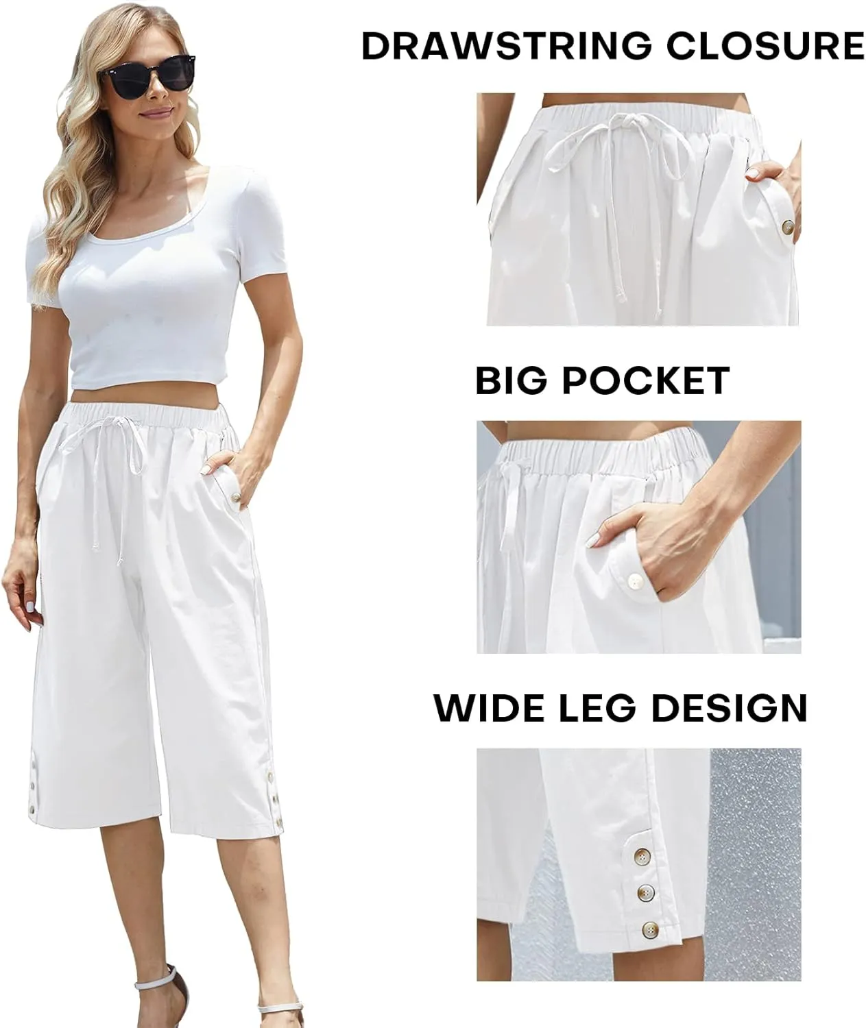 Women's Casual Cotton Pants Elastic Drawstring Capri Trousers Lightweight High Waisted Wide Leg Baggy Slacks