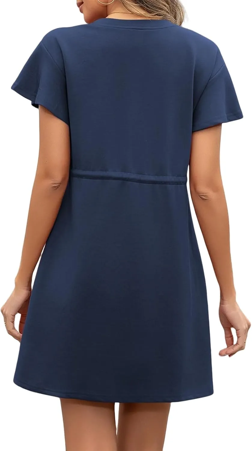 Women's Casual Dresses Ruffle Short Sleeve Crewneck Shirt Dress Drawstring Tunic Shirt Mini Sundress with Pockets