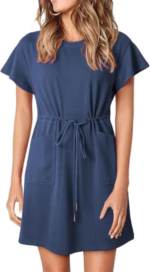 Women's Casual Dresses Ruffle Short Sleeve Crewneck Shirt Dress Drawstring Tunic Shirt Mini Sundress with Pockets