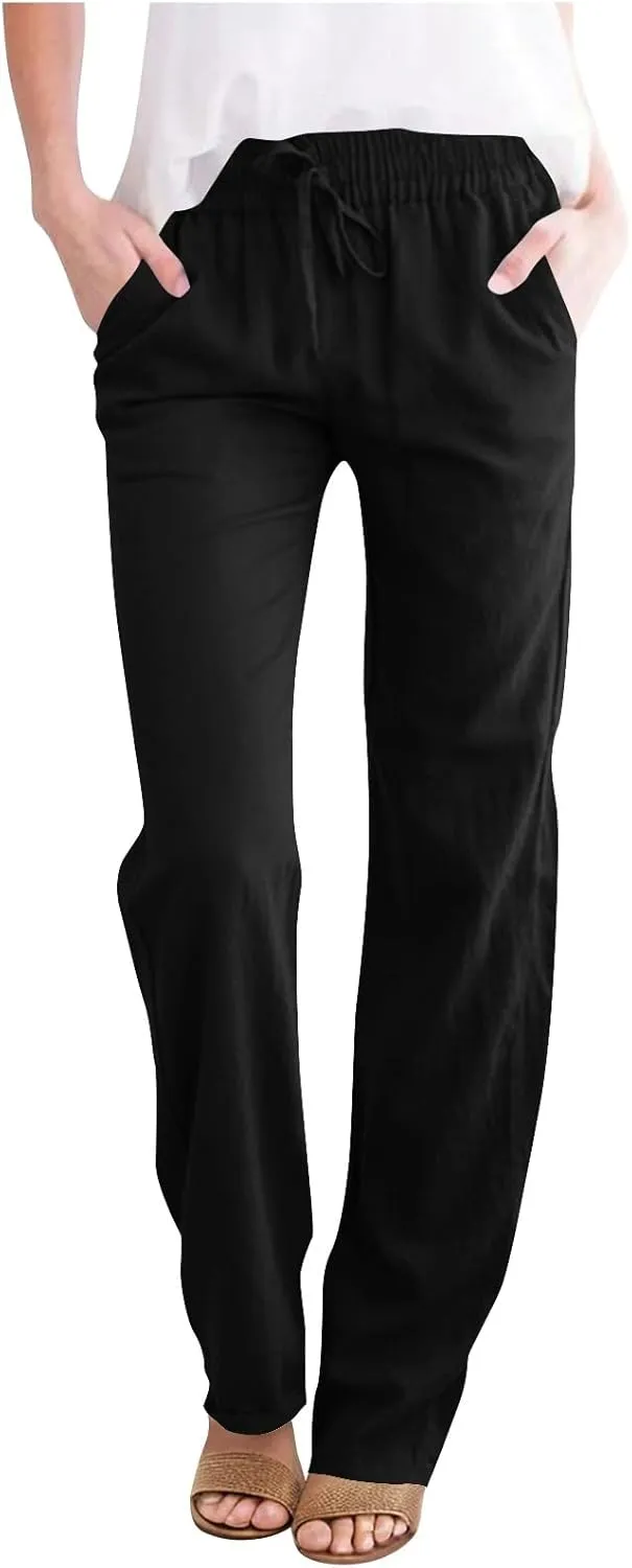 Womens Casual Summer Linen Pants Drawstring Comfy Loose Fit Trousers with Side Pockets Beach Travel Vacation Outfits
