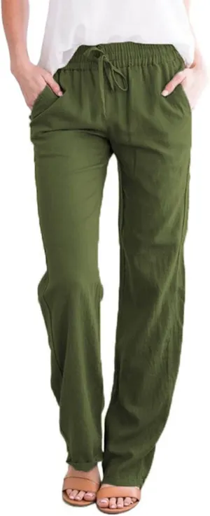 Womens Casual Summer Linen Pants Drawstring Comfy Loose Fit Trousers with Side Pockets Beach Travel Vacation Outfits