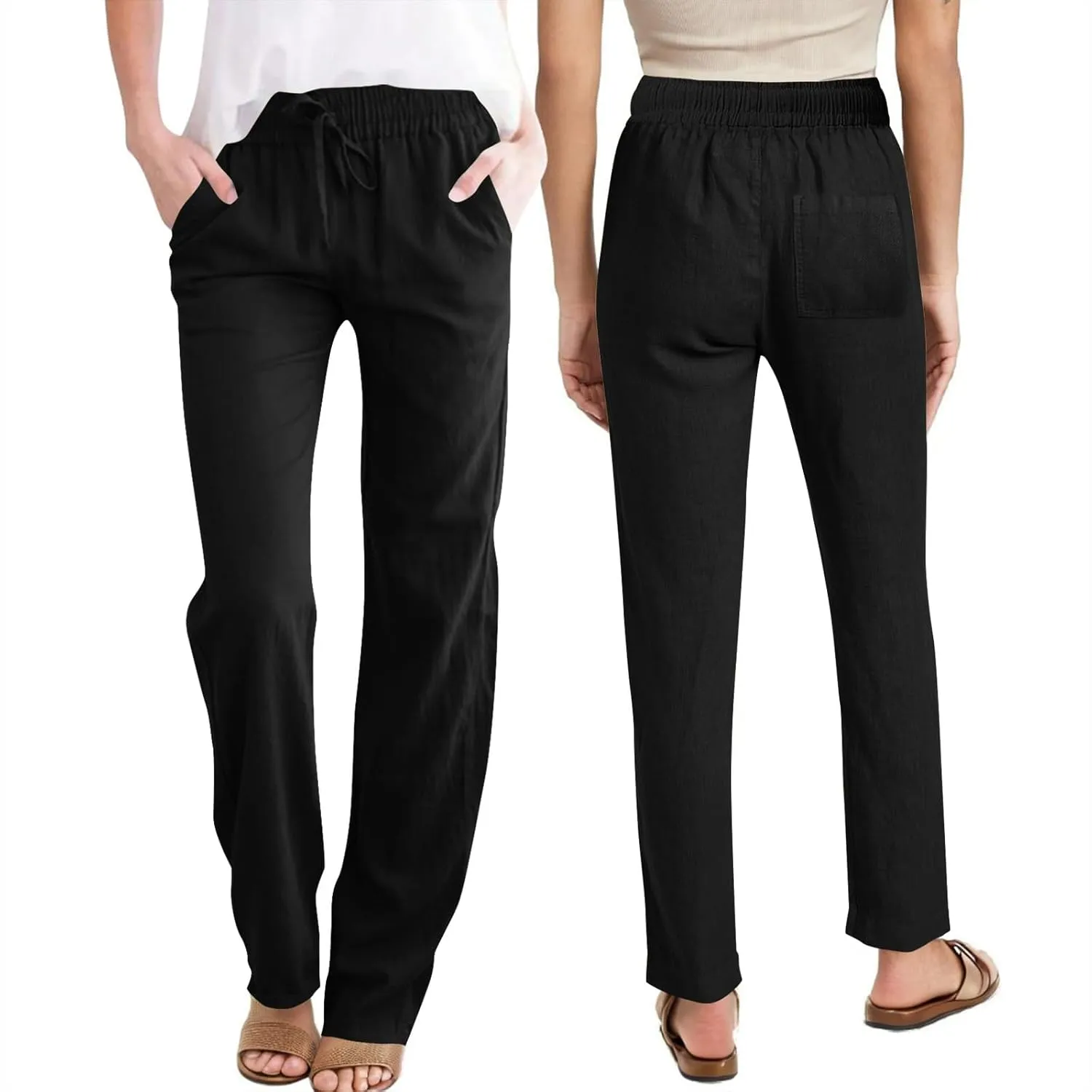 Womens Casual Summer Linen Pants Drawstring Comfy Loose Fit Trousers with Side Pockets Beach Travel Vacation Outfits