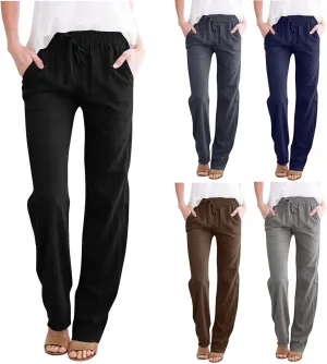 Womens Casual Summer Linen Pants Drawstring Comfy Loose Fit Trousers with Side Pockets Beach Travel Vacation Outfits