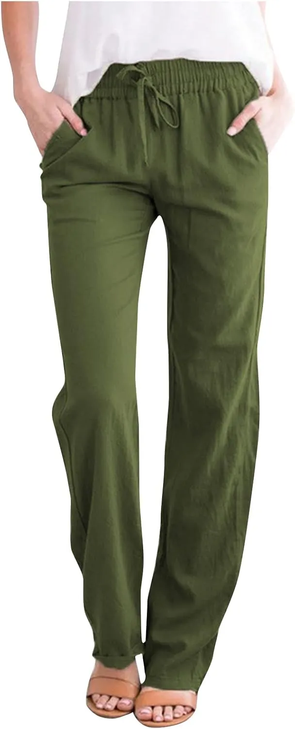 Womens Casual Summer Linen Pants Drawstring Comfy Loose Fit Trousers with Side Pockets Beach Travel Vacation Outfits