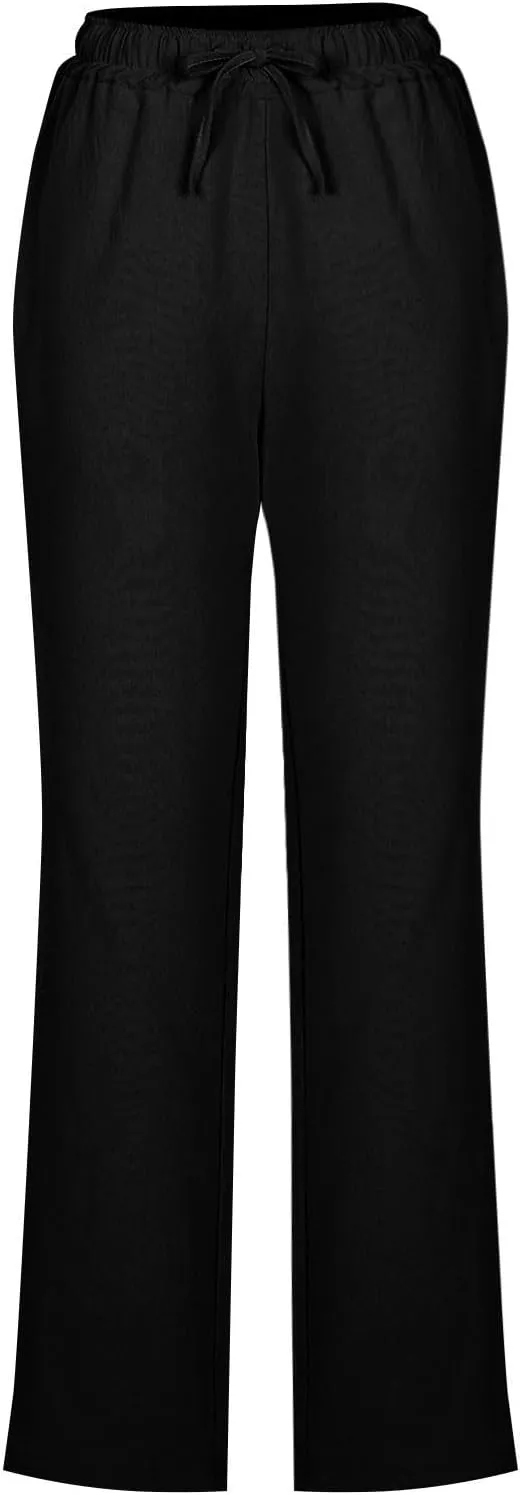 Womens Casual Summer Linen Pants Drawstring Comfy Loose Fit Trousers with Side Pockets Beach Travel Vacation Outfits
