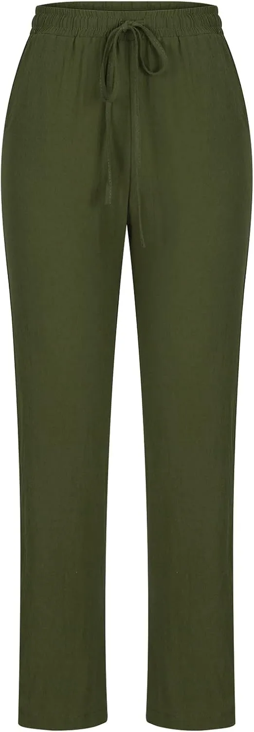 Womens Casual Summer Linen Pants Drawstring Comfy Loose Fit Trousers with Side Pockets Beach Travel Vacation Outfits