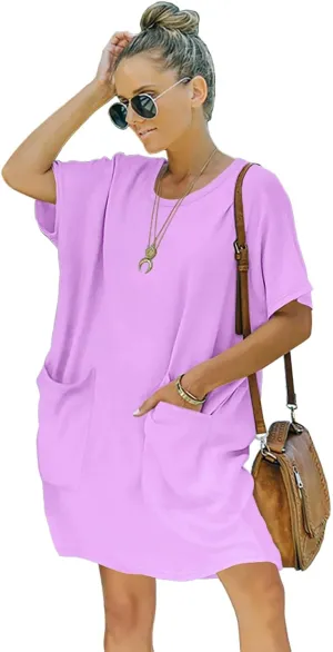 Womens Casual Summer T Shirt Dress Elastic Loose Short Sleeve Dress with Pocket for Women