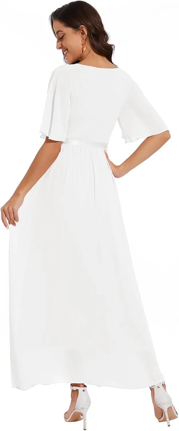 Womens Chiffon Bridesmaid Formal Gowns Short Sleeve Smocked Cocktail Prom Wedding Guest Maxi Dress