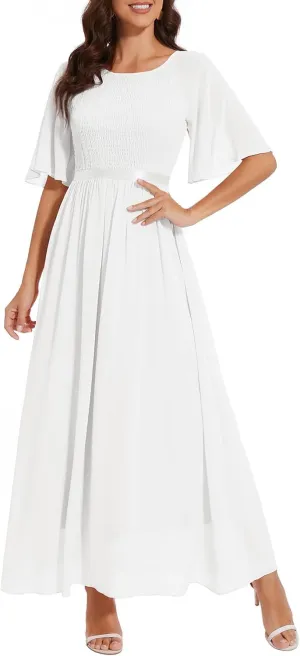 Womens Chiffon Bridesmaid Formal Gowns Short Sleeve Smocked Cocktail Prom Wedding Guest Maxi Dress