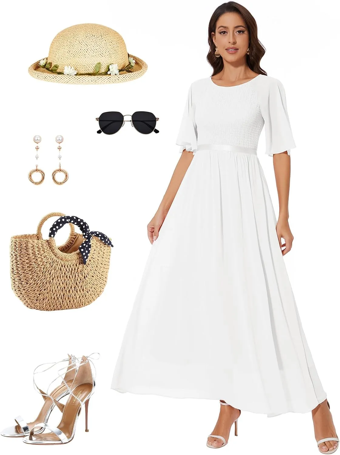Womens Chiffon Bridesmaid Formal Gowns Short Sleeve Smocked Cocktail Prom Wedding Guest Maxi Dress