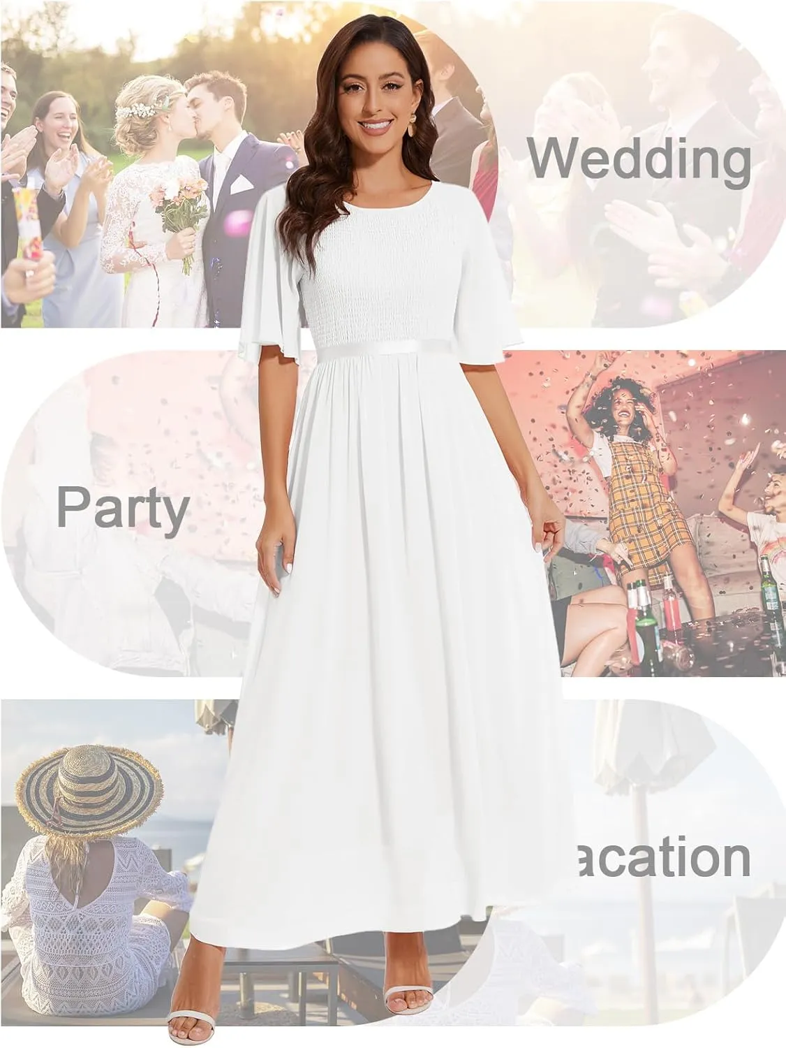 Womens Chiffon Bridesmaid Formal Gowns Short Sleeve Smocked Cocktail Prom Wedding Guest Maxi Dress