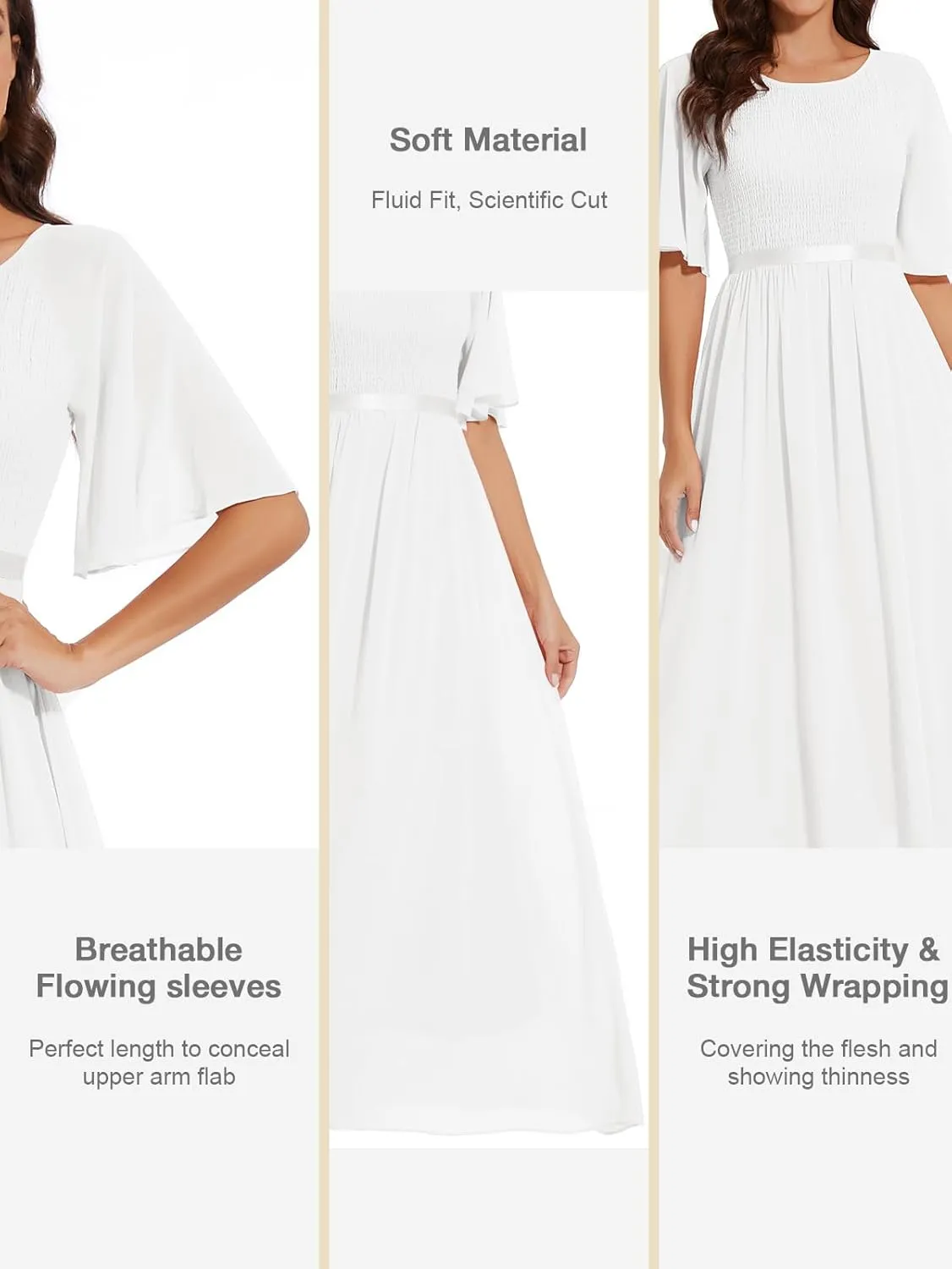 Womens Chiffon Bridesmaid Formal Gowns Short Sleeve Smocked Cocktail Prom Wedding Guest Maxi Dress