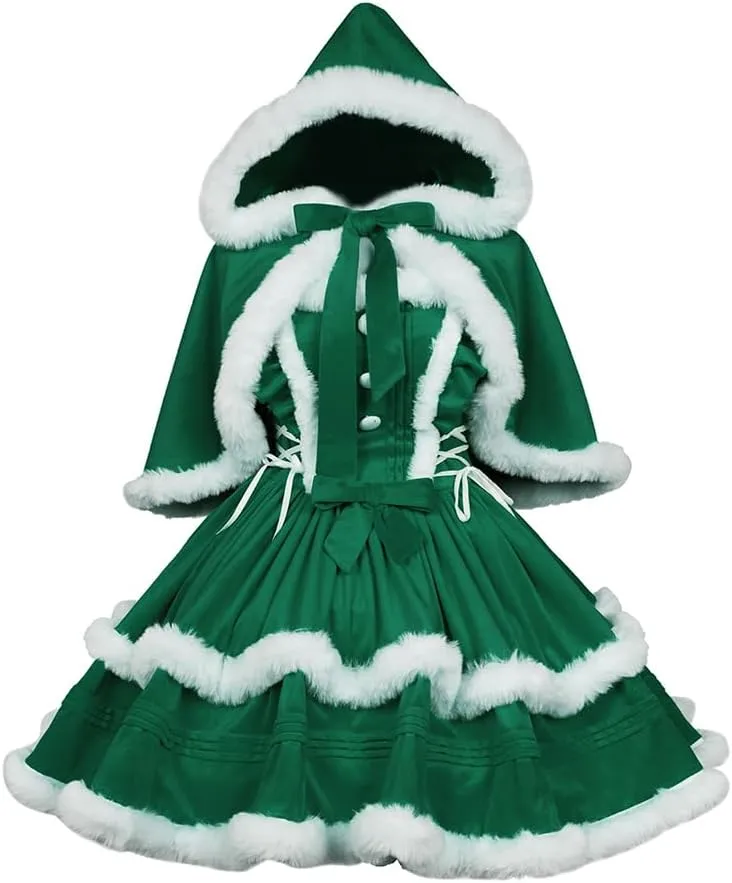 Women's Christmas Dress Skirt and Hooded Cloak Match 