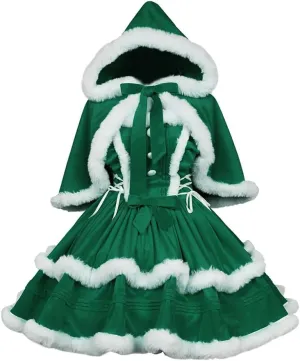 Women's Christmas Dress Skirt and Hooded Cloak Match 