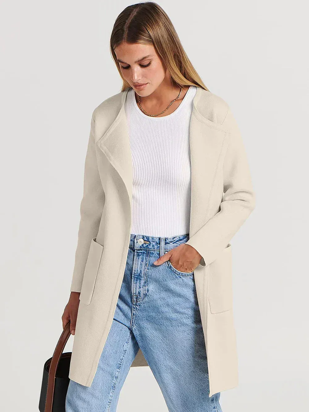Womens Coat  Wool Blend  Relaxed Fit  Knee Length  Wide Lapel  Minimalist Style