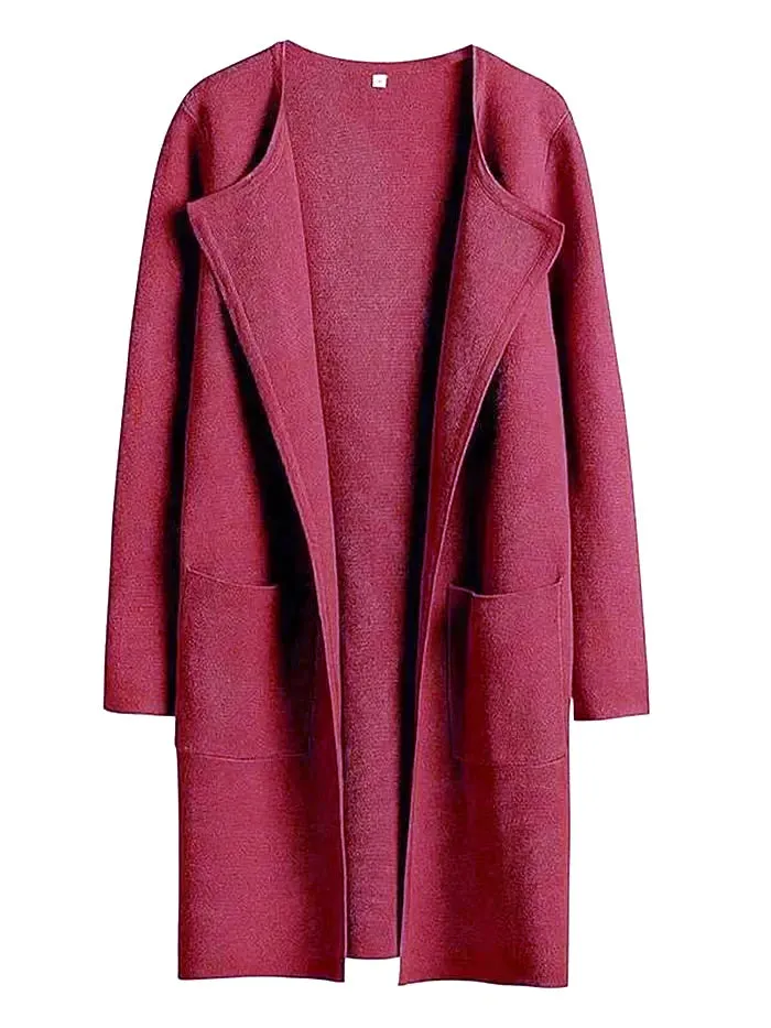 Womens Coat  Wool Blend  Relaxed Fit  Knee Length  Wide Lapel  Minimalist Style