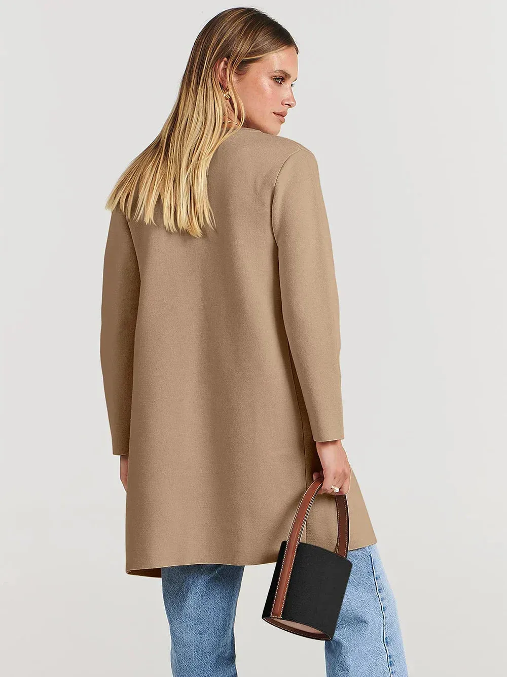 Womens Coat  Wool Blend  Relaxed Fit  Knee Length  Wide Lapel  Minimalist Style