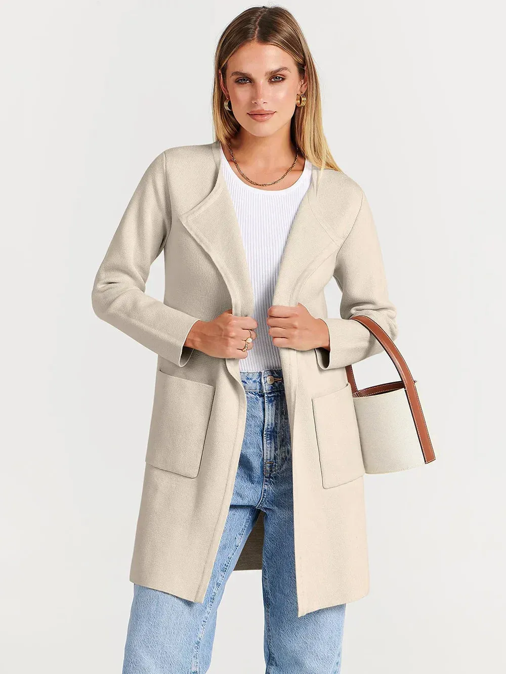 Womens Coat  Wool Blend  Relaxed Fit  Knee Length  Wide Lapel  Minimalist Style