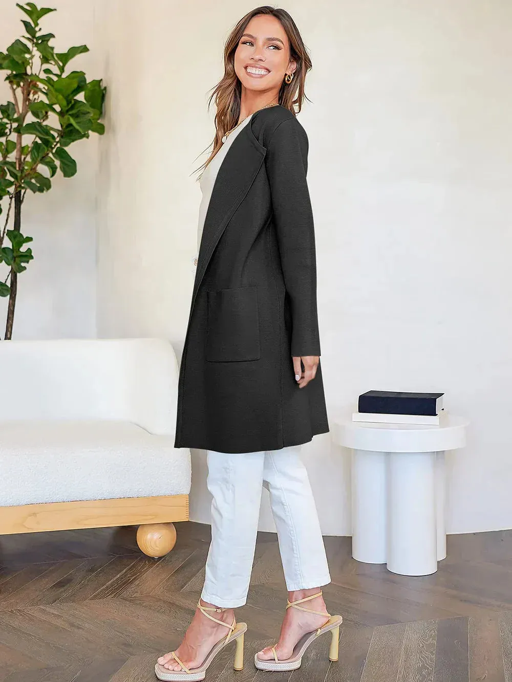 Womens Coat  Wool Blend  Relaxed Fit  Knee Length  Wide Lapel  Minimalist Style