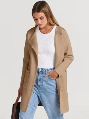 Womens Coat  Wool Blend  Relaxed Fit  Knee Length  Wide Lapel  Minimalist Style