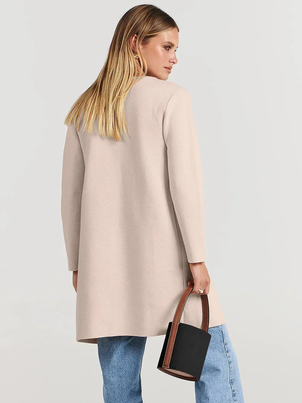 Womens Coat  Wool Blend  Relaxed Fit  Knee Length  Wide Lapel  Minimalist Style