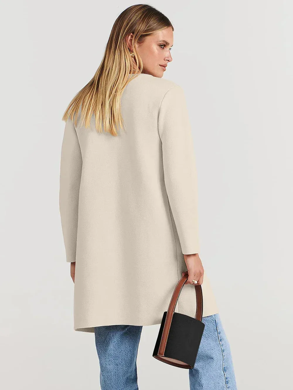 Womens Coat  Wool Blend  Relaxed Fit  Knee Length  Wide Lapel  Minimalist Style