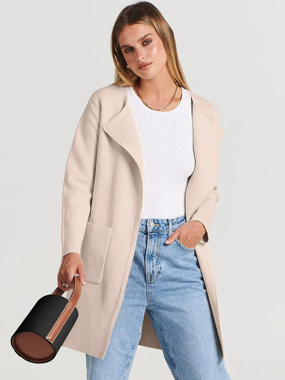 Womens Coat  Wool Blend  Relaxed Fit  Knee Length  Wide Lapel  Minimalist Style