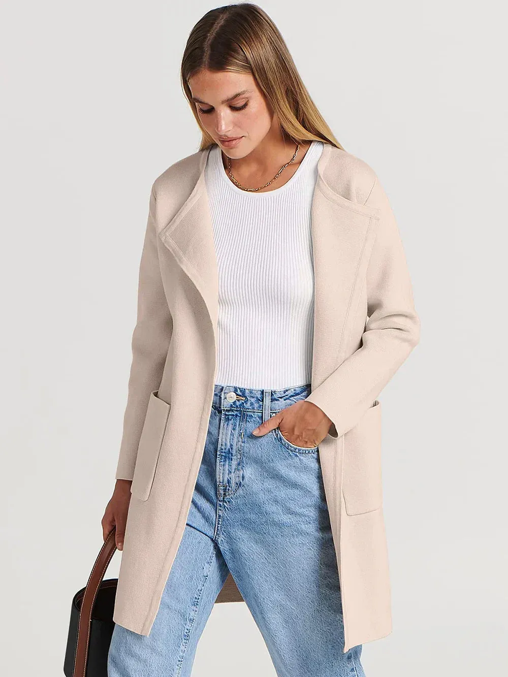 Womens Coat  Wool Blend  Relaxed Fit  Knee Length  Wide Lapel  Minimalist Style