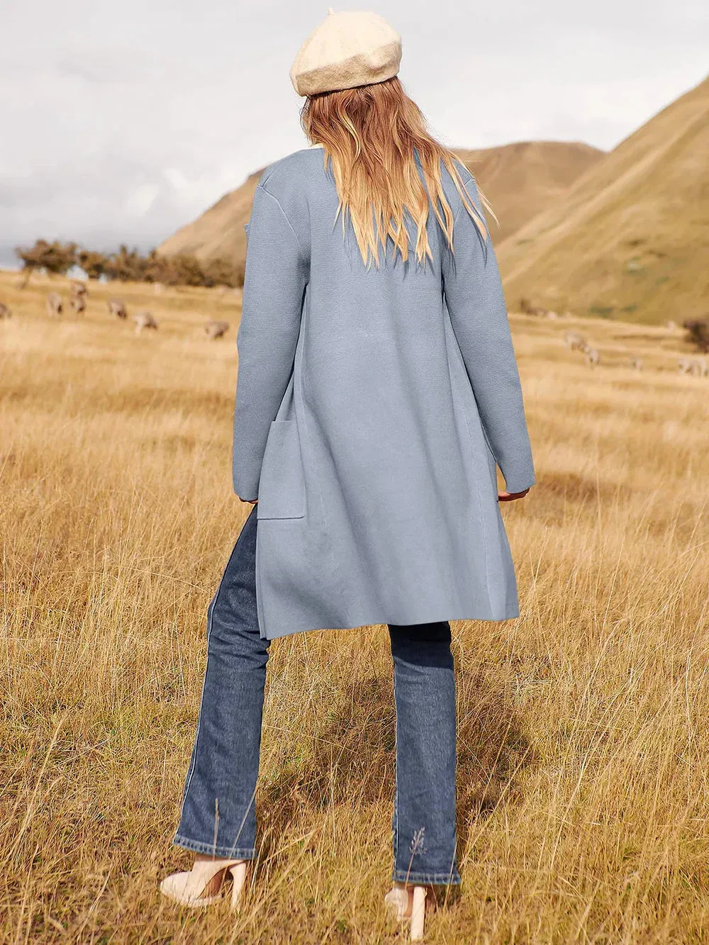 Womens Coat  Wool Blend  Relaxed Fit  Knee Length  Wide Lapel  Minimalist Style