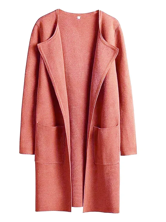 Womens Coat  Wool Blend  Relaxed Fit  Knee Length  Wide Lapel  Minimalist Style