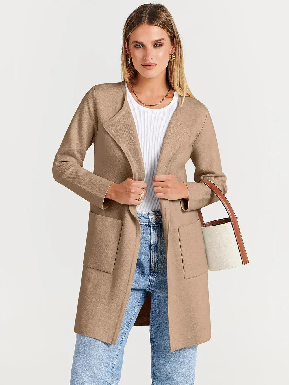 Womens Coat  Wool Blend  Relaxed Fit  Knee Length  Wide Lapel  Minimalist Style