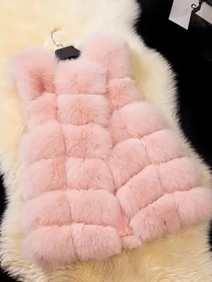 Women'S Coats Pink Sleeveless Faux Fur Coat Layered Winter Coat